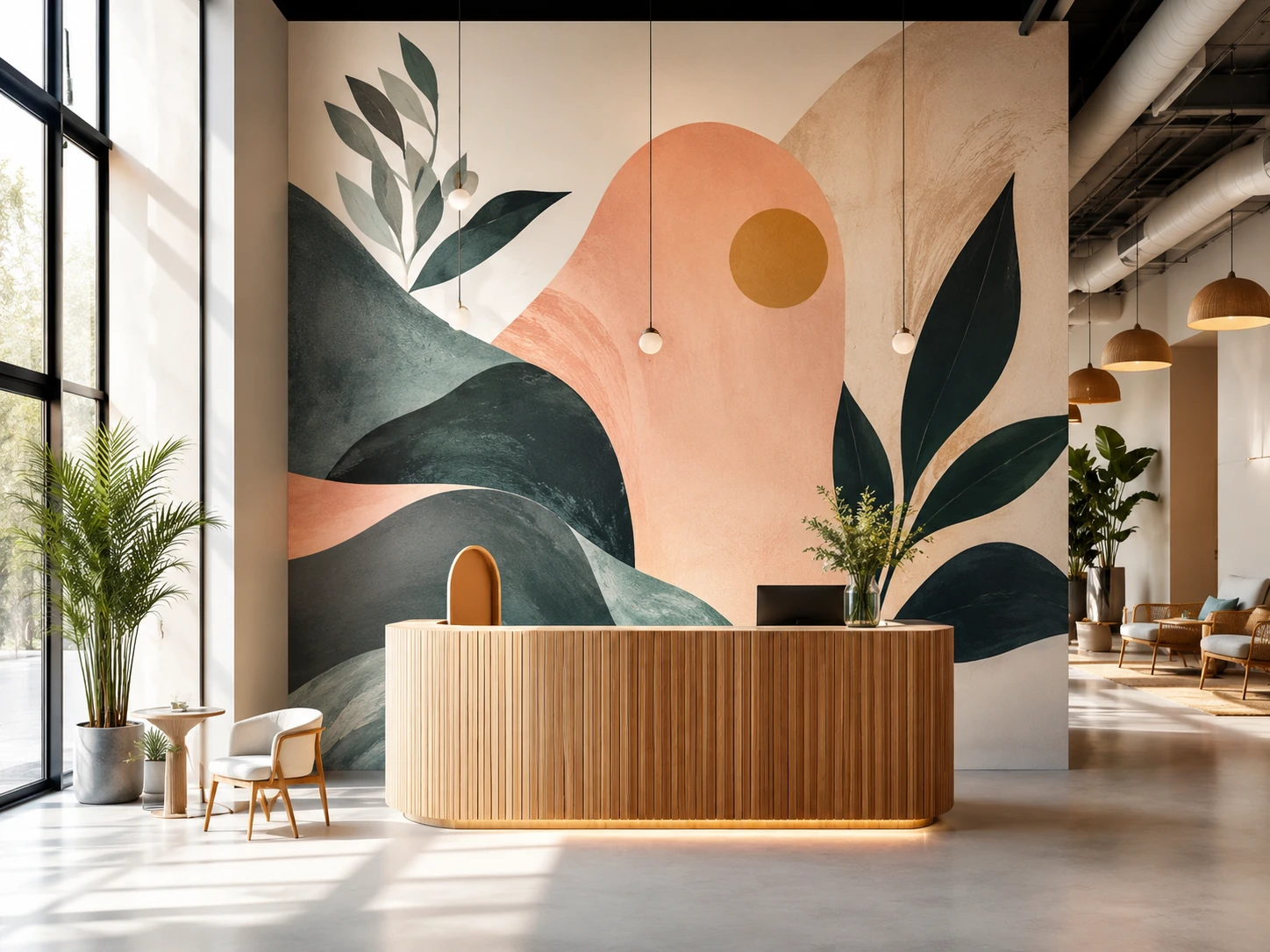 Bedrijfsmural achter een receptie