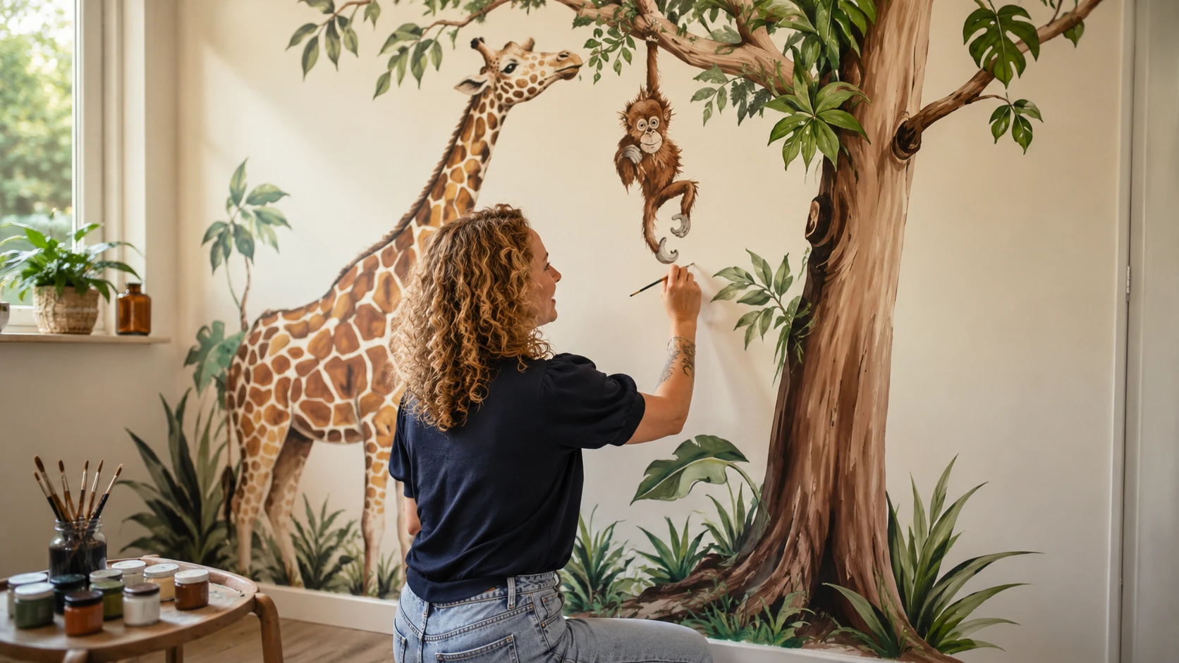 Studio Bounce schildert met penseel aan een jungle mural