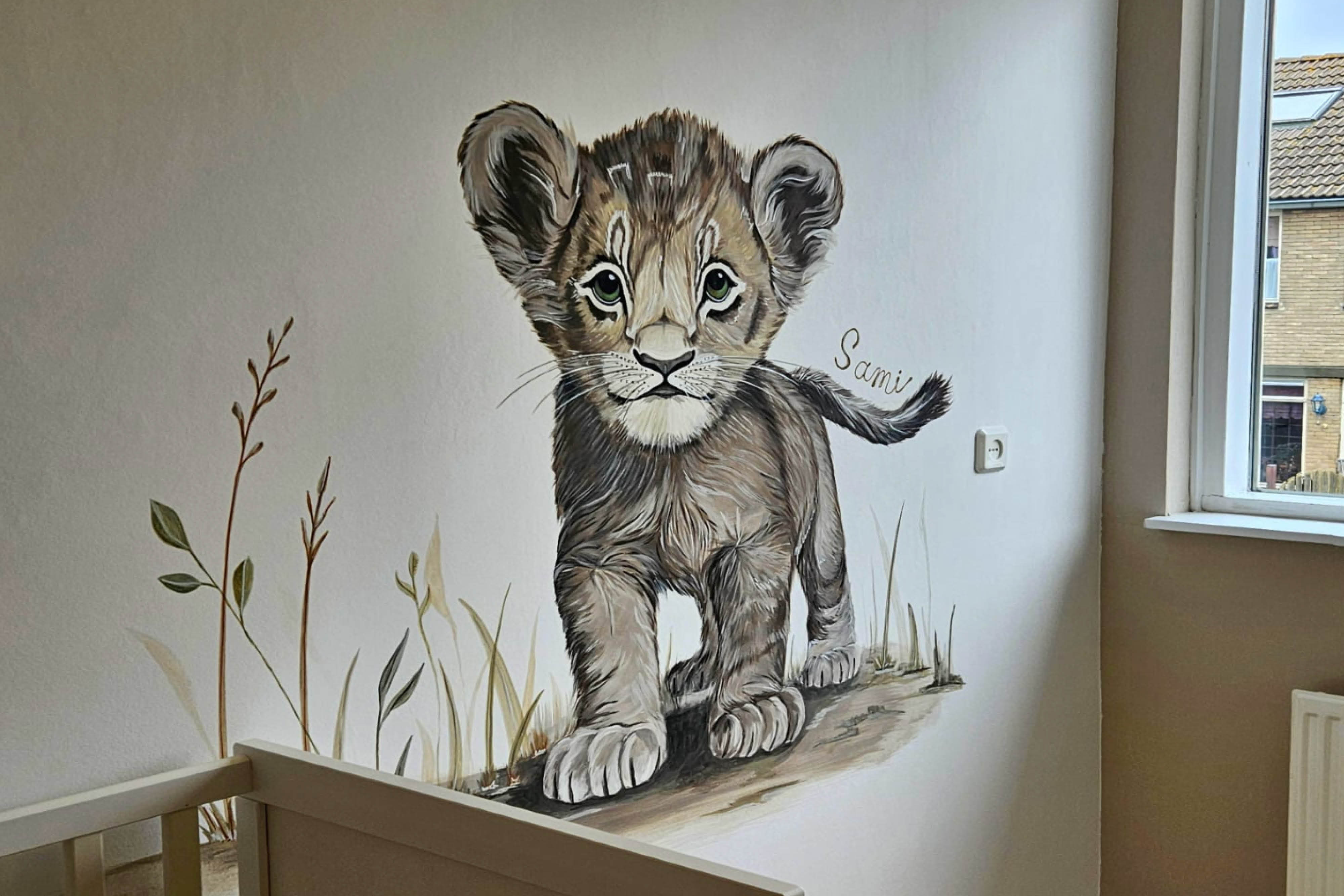 Muurschildering_leeuw_dieren_babykamer